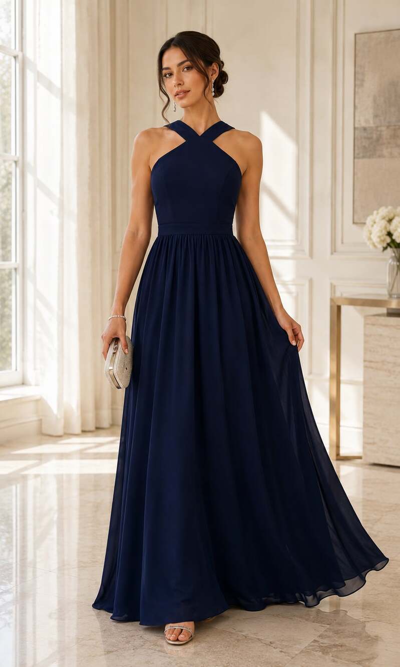 Lulus Women's Dark Navy Blue Chiffon Maxi Bridesmaid Dress, Size Small